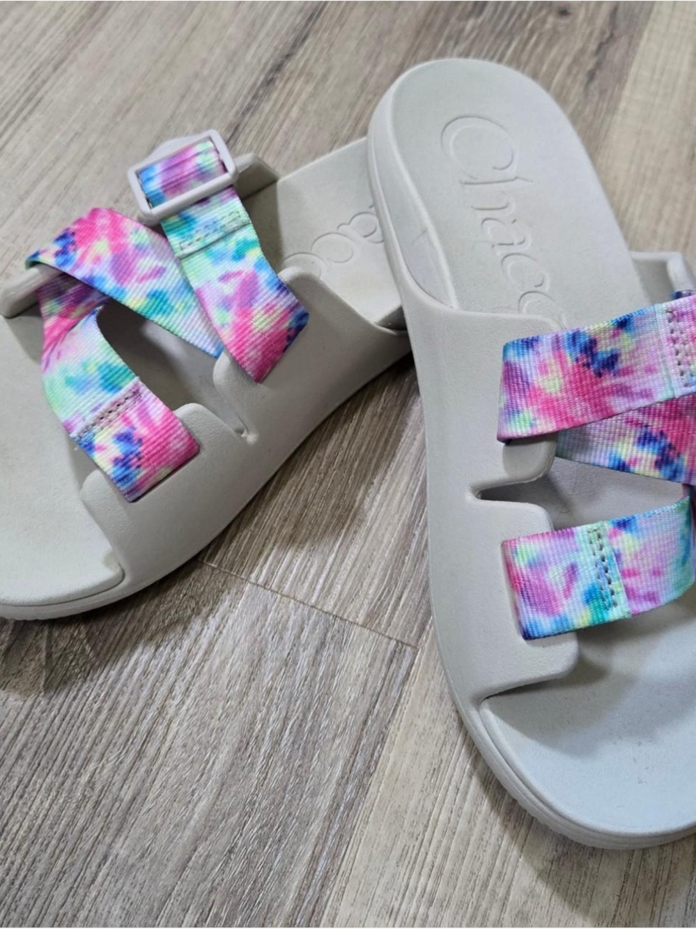 Chaco Women’s Slide Sandals — Pastel Tie-Dye Straps on Cream Footbed